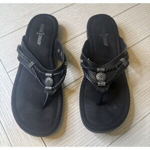 Minnetonka Silverthorne Thong Black Leather Sandals Flip Flops‎ Womens Sz 9